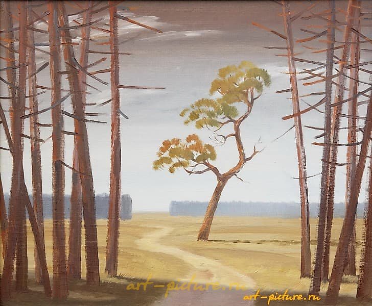 "Landscape with a solitary tree, oil on canvas."