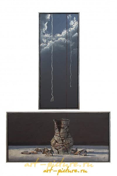 The translation of the text "Кувшин на снегу масло, холст" into English is "Jug on the snow oil, canvas."