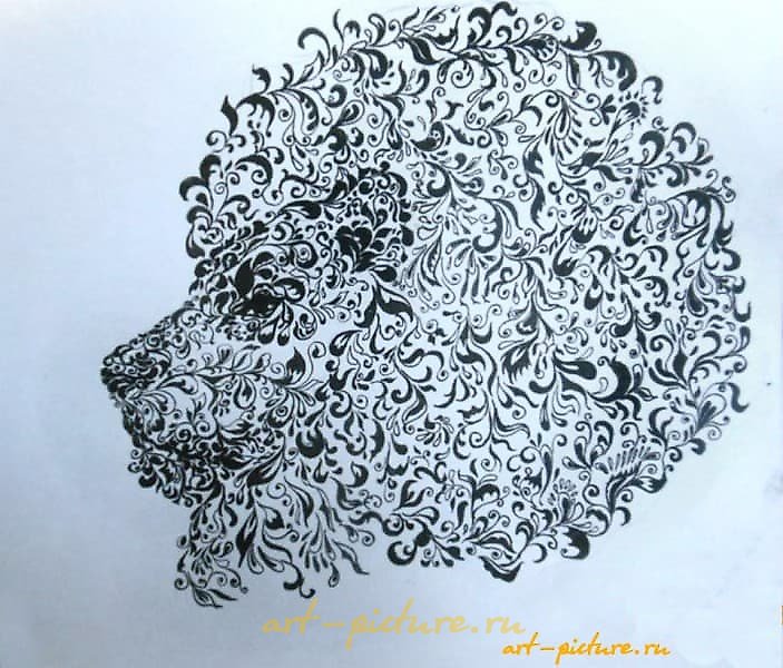 "Lacy lion: ink, feather, paper."