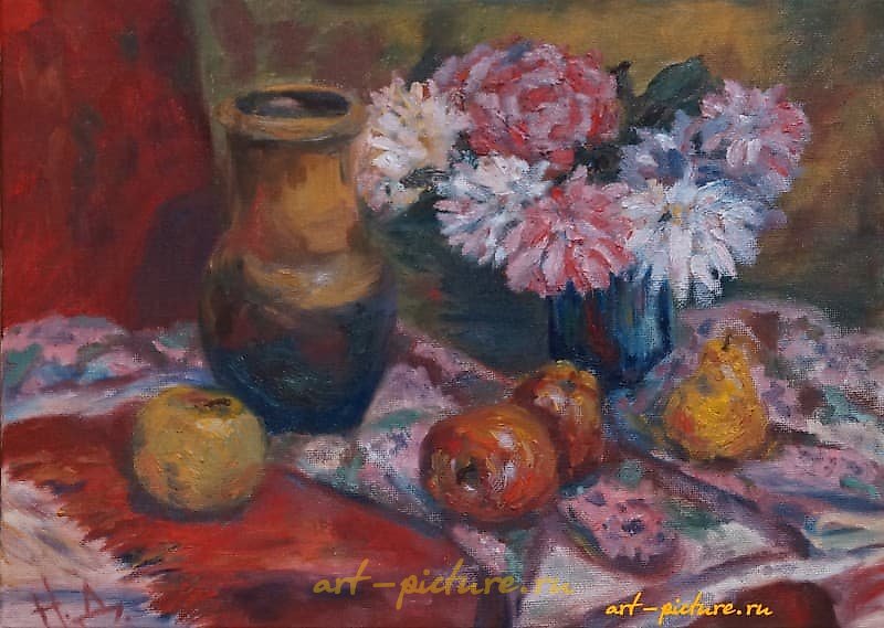Still life with a bouquet, oil on canvas.
