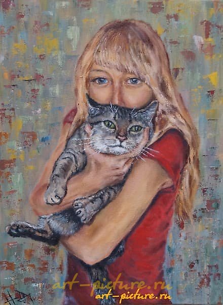 The translation of the text "девушка с котом масло, холст" into English is "girl with cat oil, canvas."