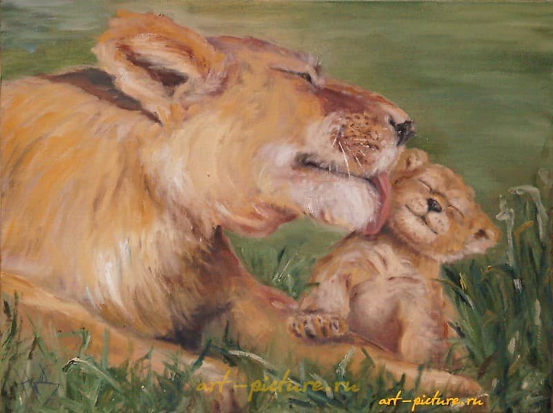 The translation of the text is: "Lioness with a Lion Cub oil on canvas."