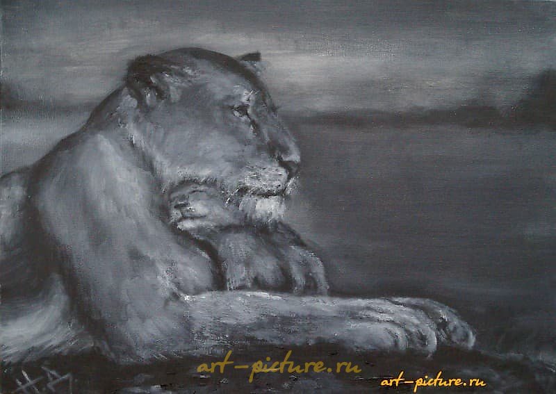 Black and white (lioness and lion cub) oil on canvas.