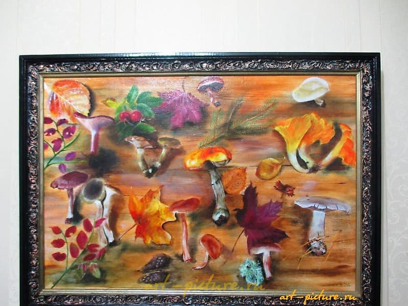 The translation of "грибы масло, холст" into English is "mushrooms oil, canvas."