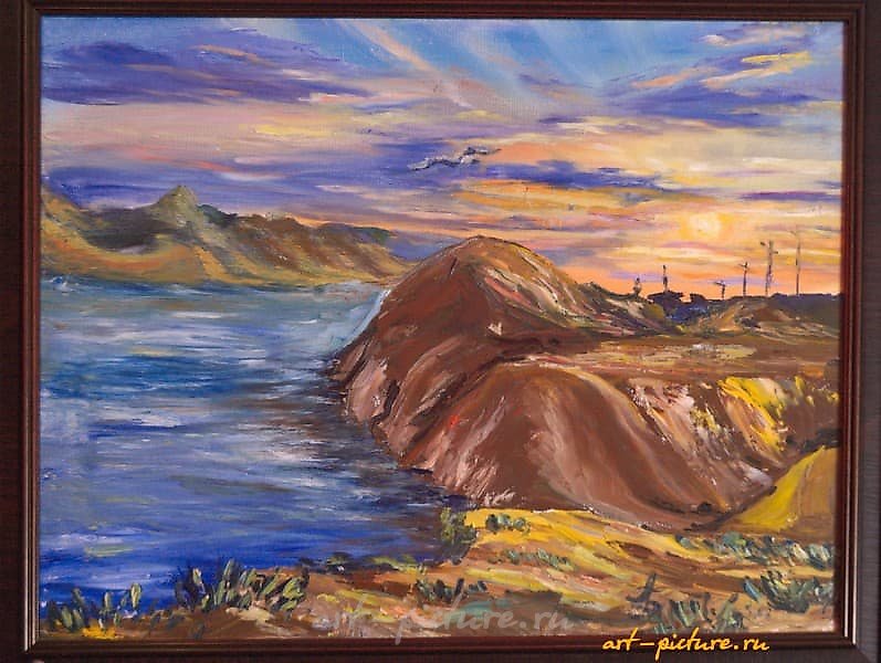 The translation of "КОКТЕБЕЛЬ холст. масло" into English is "Koktebel, canvas, oil."