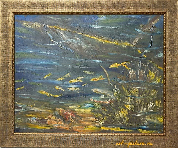 The translation of "ПОГРУЖЕНИЕ масло холст" into English is "IMMERSION oil on canvas."