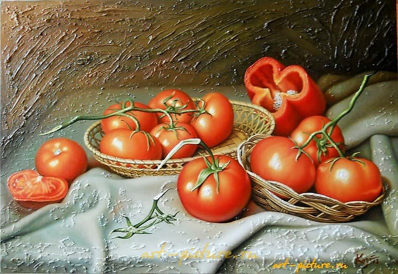 "Tomatoes, canvas, oil"