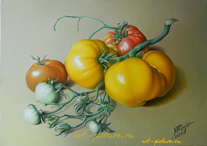"Yellow tomatoes, canvas, oil"