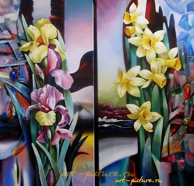 The translation of "цветы (диптих) смешанная" into English is "flowers (diptych) mixed."