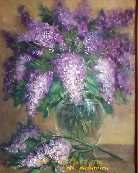 "Fragrant lilac, canvas, oil."