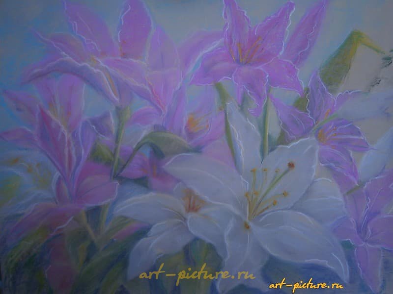 "Lilies, pastel, paper."