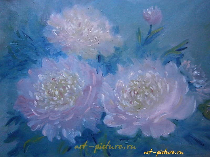蓝色背景上的牡丹 油画，纸板