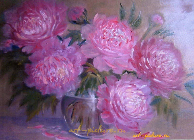 "Peonies in pink light. Oil on cardboard."