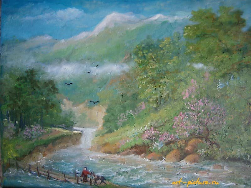 雾在山中。纸板油画。