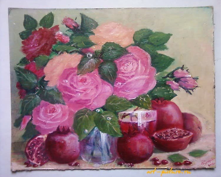 "Roses and pomegranates oil on cardboard"