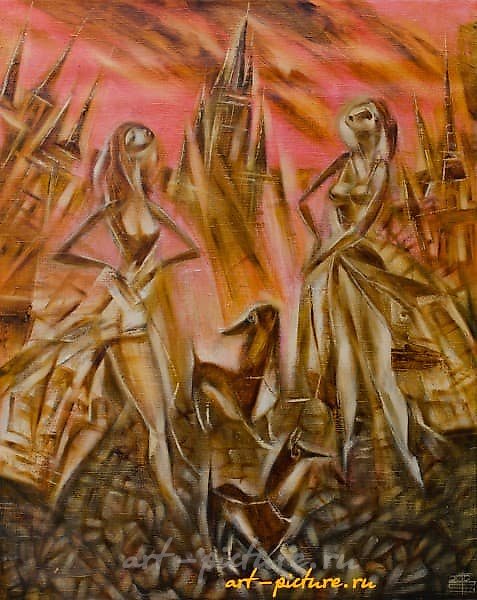 "Male and female dogs, oil on canvas"