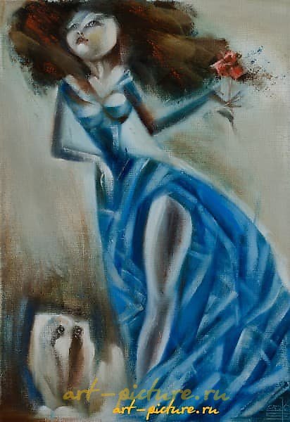 The text translates to "Lady with a Dog, oil on canvas."