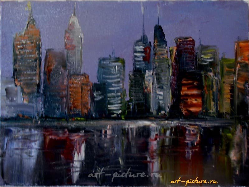 The translation of the text is: "Night city oil, canvas, palette knife."