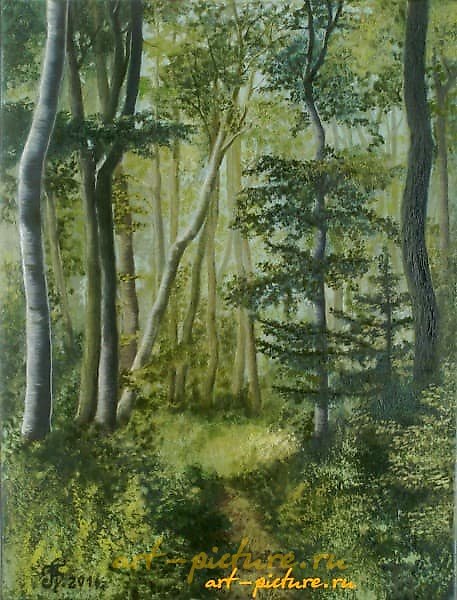 The text translates to "Forest path Canvas, oil" in English.