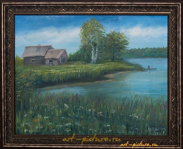 The translation of the text "Домик у озера масло, холст" into English is "Cottage by the lake oil, canvas."