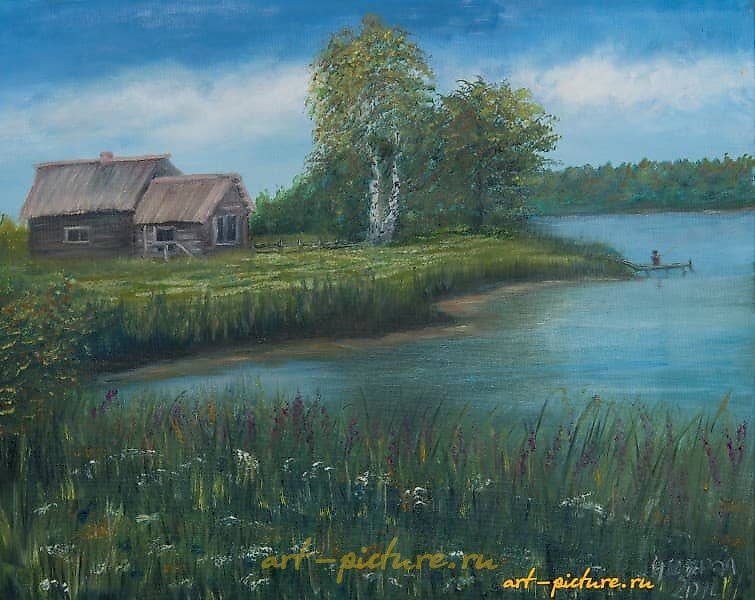 湖边的小屋 油画，画布