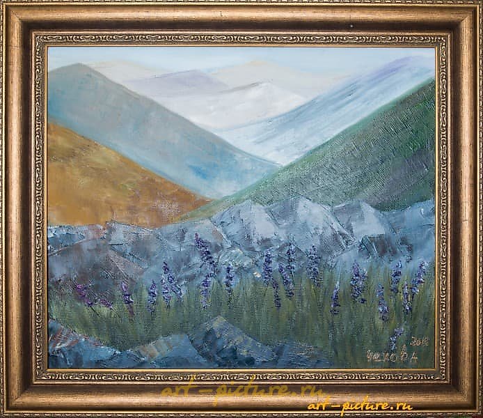 Lavender oil, canvas, palette knife.