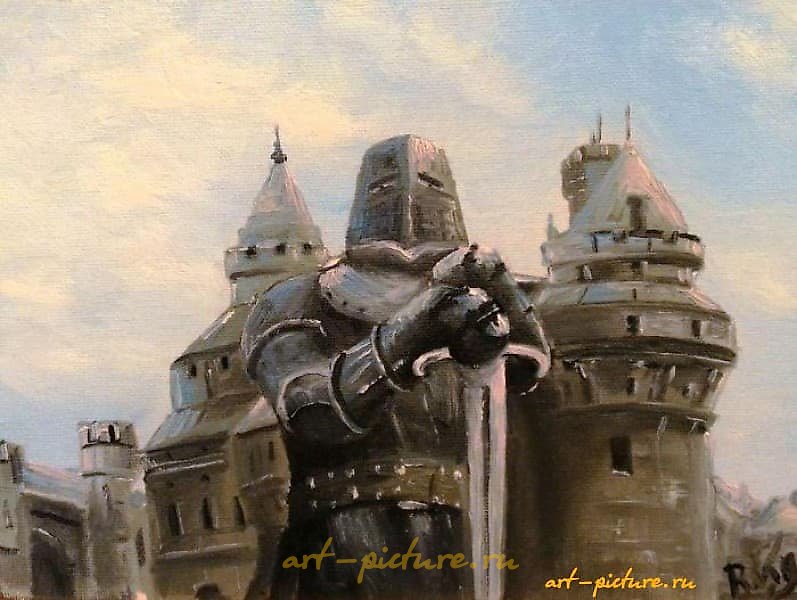 The translation of the text is: "Guardian oil, canvas on cardboard."