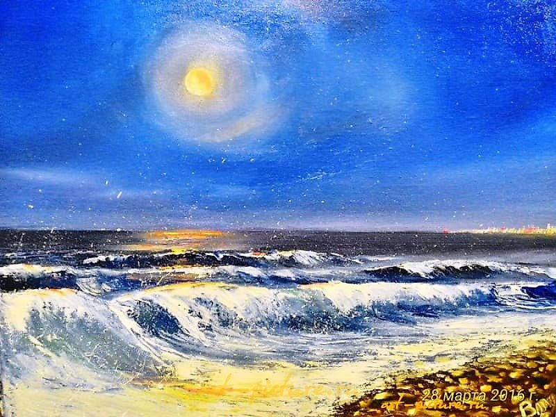 "Evening oil, canvas on cardboard."