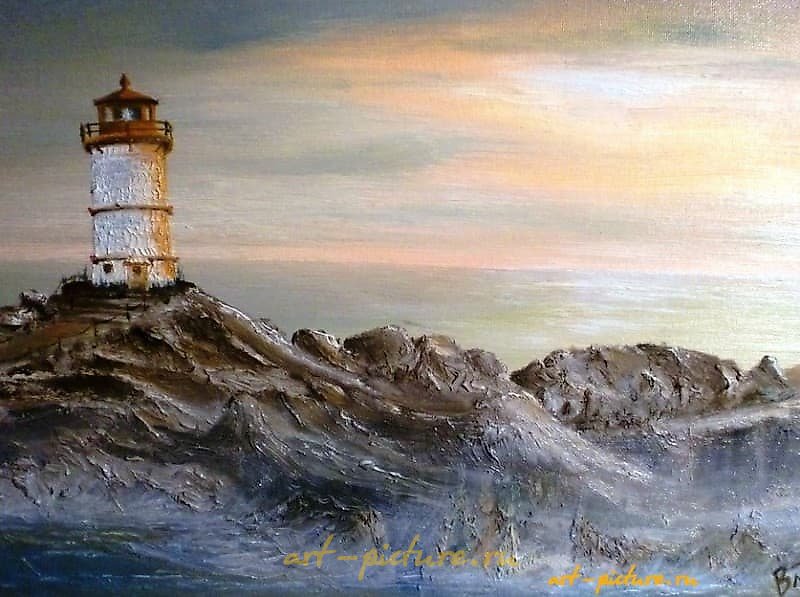 The translation of "Маяк масло, холст на картоне" into English is: "Lighthouse oil, canvas on cardboard."