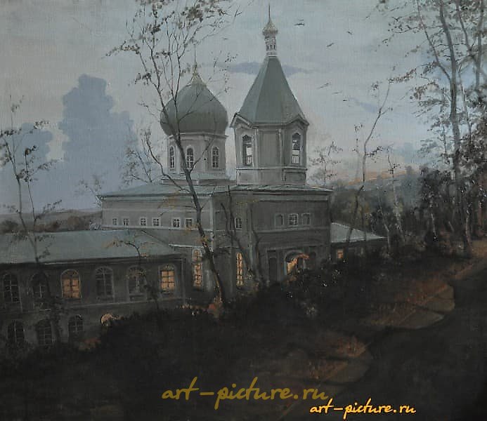 Спасо-Преображенский приход можно перевести как "救世主-变容教堂". Вечер Холст/Масло переводится как "夕阳 布面油画". 

Так что весь текст будет выглядеть как:
救世主-变容教堂，夕阳 布面油画。