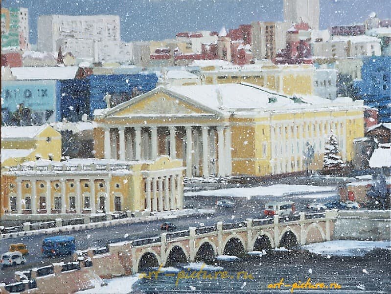 The translation of "Первый снег х.м." into English is "First Snow" (h.m. likely refers to the medium or a designation related to an artwork, such as "h.m." standing for "hanging medium" or something similar).