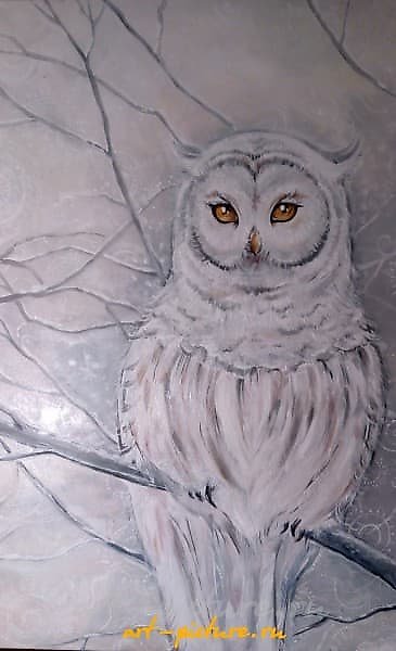 The text translates to "Little Owl, canvas, acrylic."
