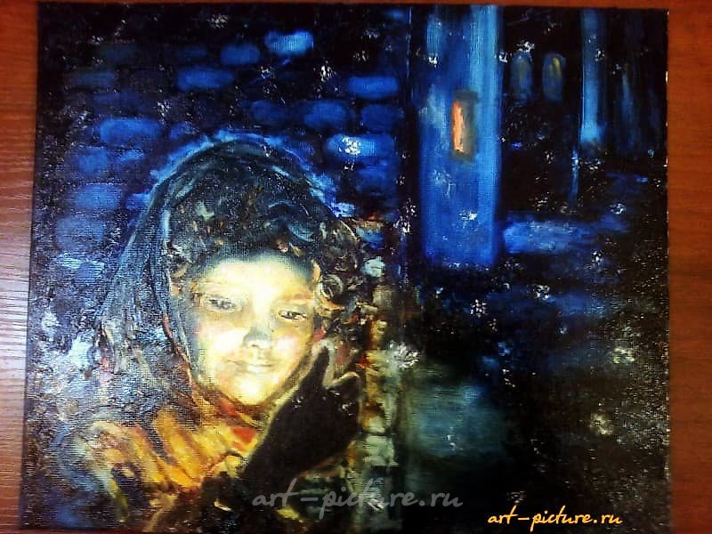 这个文本翻译成简体中文是：“火柴女孩，油画，纸板上的画”。