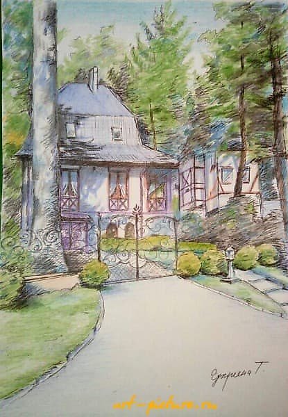 "松林中的房子" 水彩铅笔