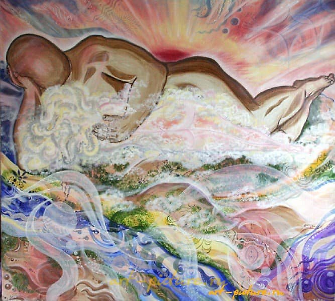 这句文本的简体中文翻译是：

夜宿金色小云在巨石的胸膛上，帆布，丙烯，油画