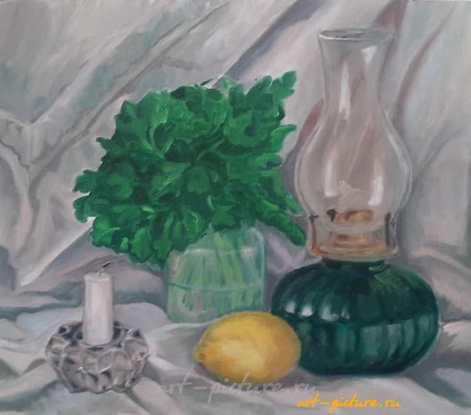 静物画：柠檬和香 parsley，油画，纸板上的画布