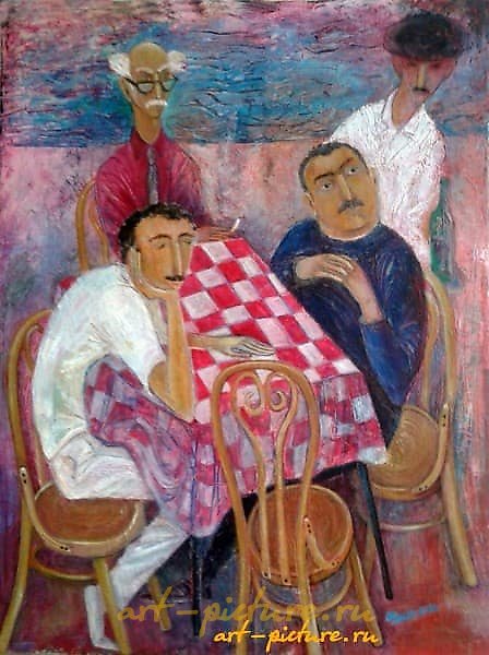 The text "By the Sea xolst maslo" seems to be a mix of English and another language (possibly Russian), where "xolst" translates to "canvas" and "maslo" translates to "oil." Therefore, it could be translated as "By the Sea oil on canvas."