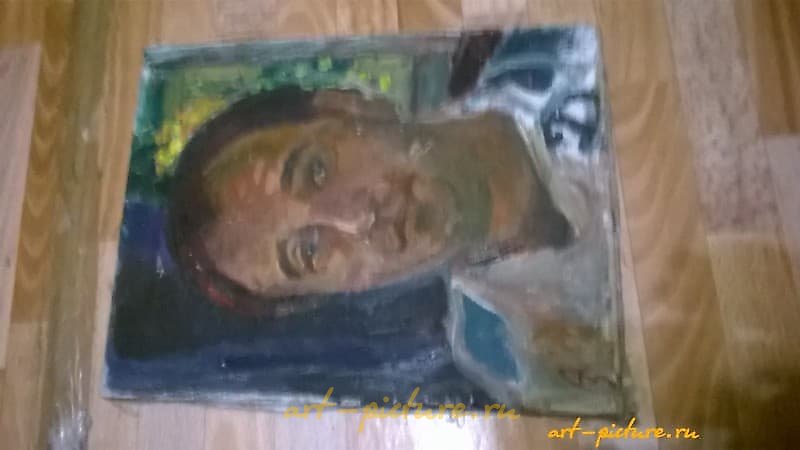 The translation of the text "Динамовец масло, холст" into English is "Dynamo player oil, canvas."