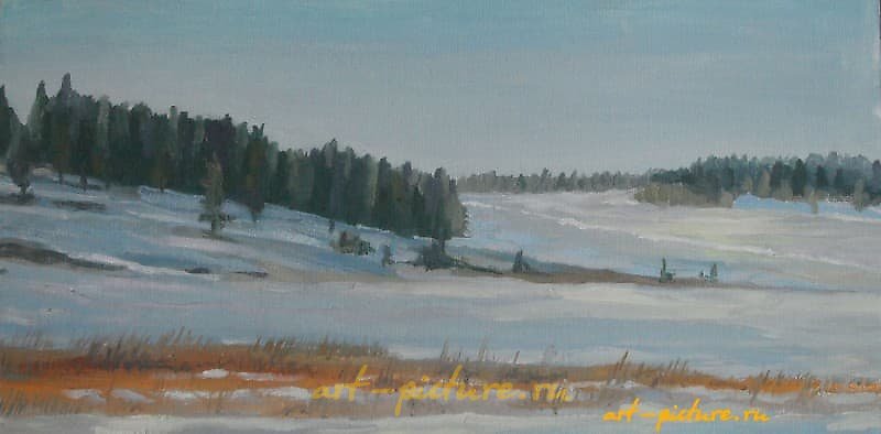 冬天 纸板上的油画