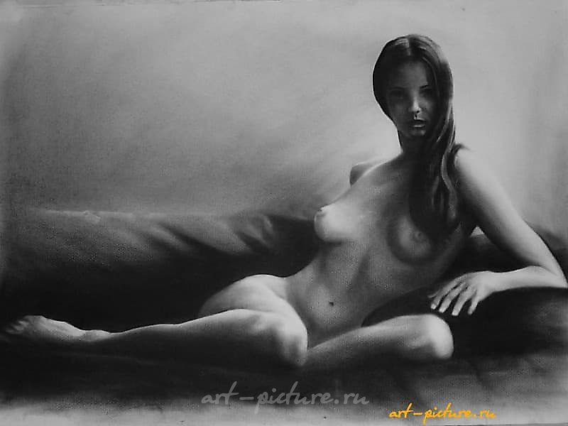 "Naked on the sofa Paper, oil, dry brush"