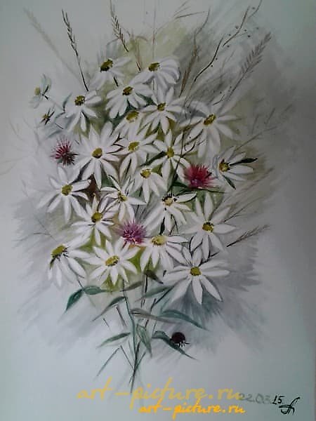The translation of "Ромашки бумага, акварель" into English is "Daisies paper, watercolor."