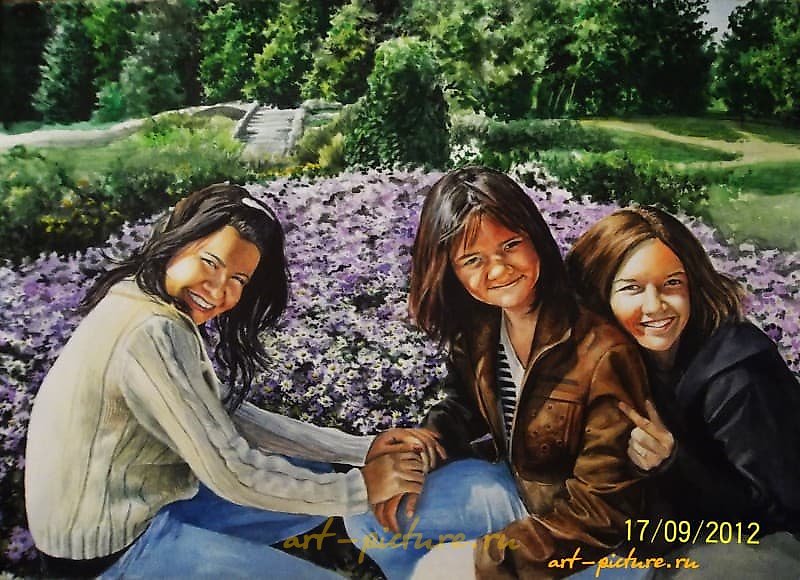 The translation of "Подруги Акварель, бумага" into English is "Friends, watercolor, paper."