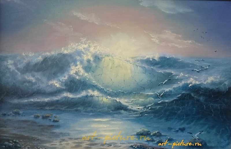 The translation of the text "Рассвет" холст, масло is "Dawn" canvas, oil.