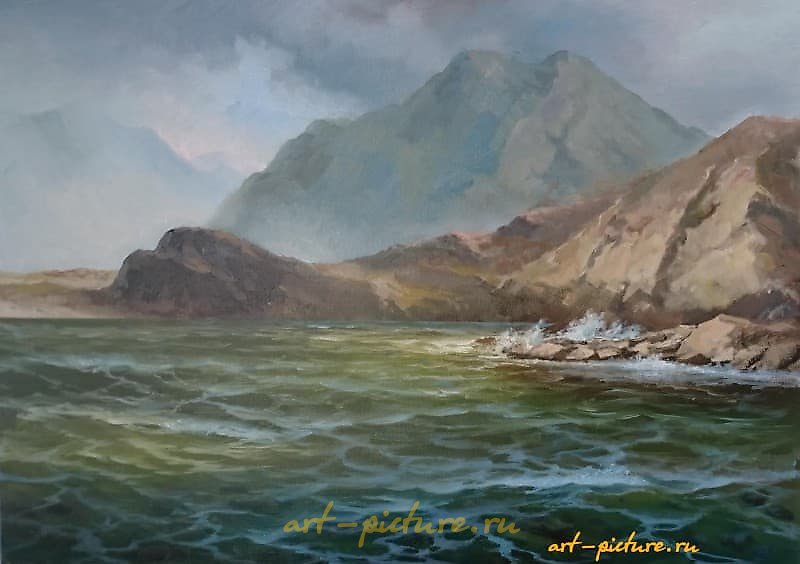 The translation of the text "Волнение масло, холст, лак" into English is "Excitement oil, canvas, varnish."