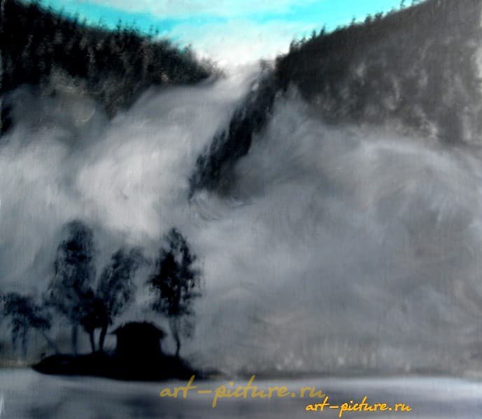The translation of the text is: "Fog in the mountains oil on canvas MDF."