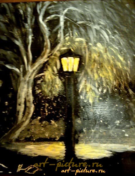 The text translates to: "Night, street, lamp, but without a pharmacy. Oil, hardboard."