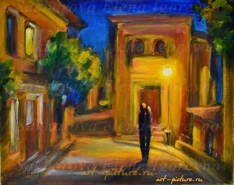 "Under the night streetlamp, canvas, oil"