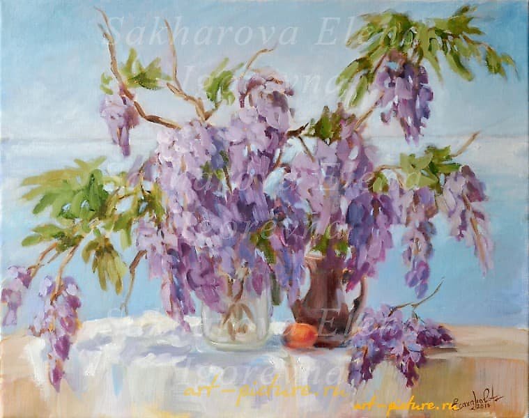 The translation of "Глицинии холст, масло" into English is "Wisteria canvas, oil."