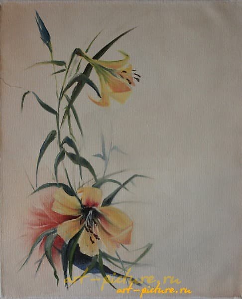 "Lilies, oil on canvas."