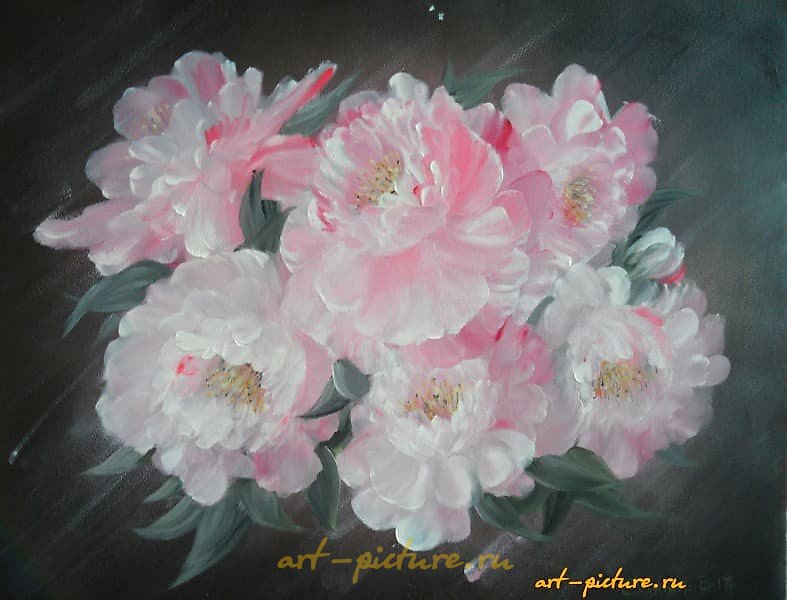 The translation of "пионы масло, холст" into English is "peonies oil, canvas."